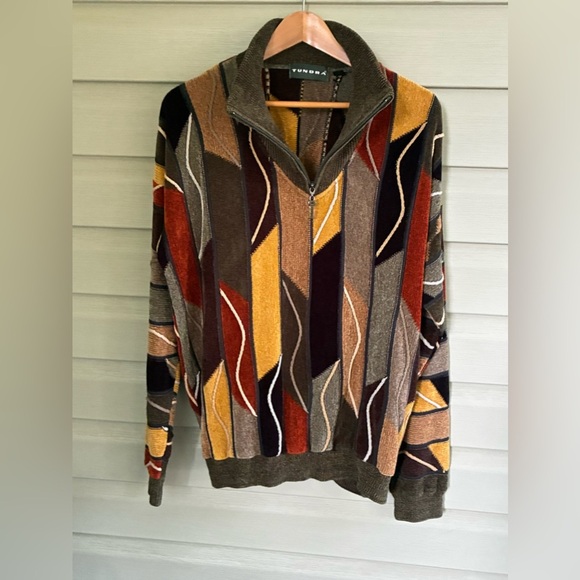 TUNDRA vintage 90s abstract 1/4 zip sweater Coogi style Cosby Canada mens XL EUC - Picture 1 of 16